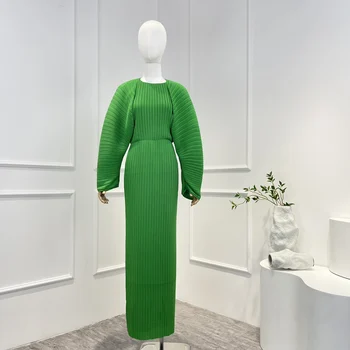 2023, Весенне-летнее новое поступление, высококачественное зеленое повседневное женское платье миди с длинным свободным рукавом и складками на каждый день
