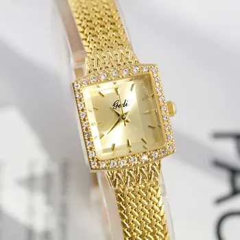 GEDI/ Новые женские Маленькие квадратные часы, Водонепроницаемые кварцевые часы, Темперамент, Сетчатая цепочка с бриллиантами, Маленькие золотые часы