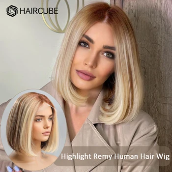 HAIRCUBE Remy Человеческие волосы на кружеве, короткий парик-Боб, Блонд, смешанный Коричневый, цвета Рояля, Прямые Парики с изюминкой для женщин средней части