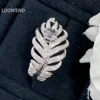 LUOWEND Кольца из белого золота 18 Карат Кольцо с настоящим натуральным бриллиантом Изысканный Дизайн перьев Обручальное кольцо для женщин, Обручальные украшения