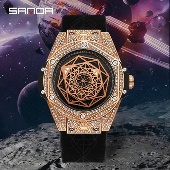 Sanda New 7033, мужские кварцевые наручные часы 2023 с геометрическим циферблатом, инкрустированные бриллиантами