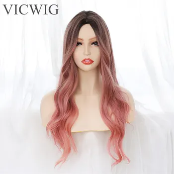 VICWIG длинные волнистые синтетические волосы омбре смешанный коричневый градиентный розовый парик косплей вечеринка парик из высокотемпературного волокна высокой плотности