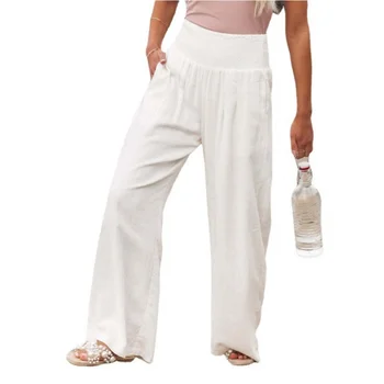Весна-лето для женщин, 2023, Новые женские брюки, Офисные Женские Хлопковые льняные карманы, Однотонные Свободные Повседневные Белые широкие длинные брюки