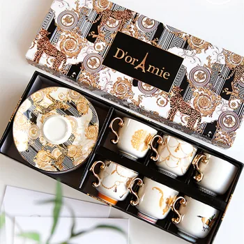 Винтажная Роскошная керамическая Кофейная чашка и блюдце, набор из 6 подарочных коробок, Европейские фарфоровые чашки, свадебные подарки на Новоселье, домашний декор
