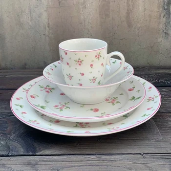Винтажный набор керамической посуды в европейском стиле с цветочным узором, чашки для послеобеденного чая, десерты, тарелки, салатницы