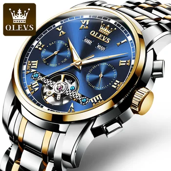 Деловые мужские часы OLEVS, Автоматические механические наручные часы, Водонепроницаемый ремешок из нержавеющей стали, мужские часы с календарем в виде Скелета