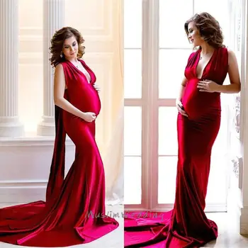 Красные Платья для выпускного вечера в стиле Русалки для беременных, Сексуальное Вечернее платье с глубоким V-образным вырезом 2020, Дешевое Шелковое Атласное Длинное Женское платье для душа ребенка