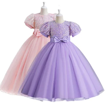 Летнее Розово-голубое детское платье в пол принцессы для подружек невесты с цветочным узором для девочек на День Рождения, Свадебная вечеринка, тюлевое платье от 5 до 16 лет