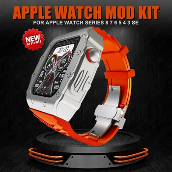 Прочный корпус из нержавеющей стали для Apple Watch 8 7 6 5 4 45 мм 44 мм Металлический каркас Резиновый комплект для iWatch серии Luxury Modification Kit