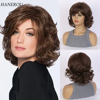 Синтетические коричневые кудрявые парики для женщин, короткие волнистые прически, Мамины парики с челкой, костюм из пушистых волнистых париков