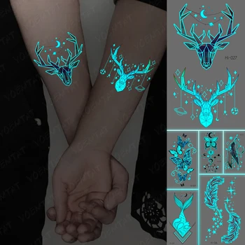 Синяя светящаяся наклейка с татуировкой Олень, светящаяся змея, Водонепроницаемая временная татуировка на запястье, поддельная татуировка для боди-арта, женщин, мужчин